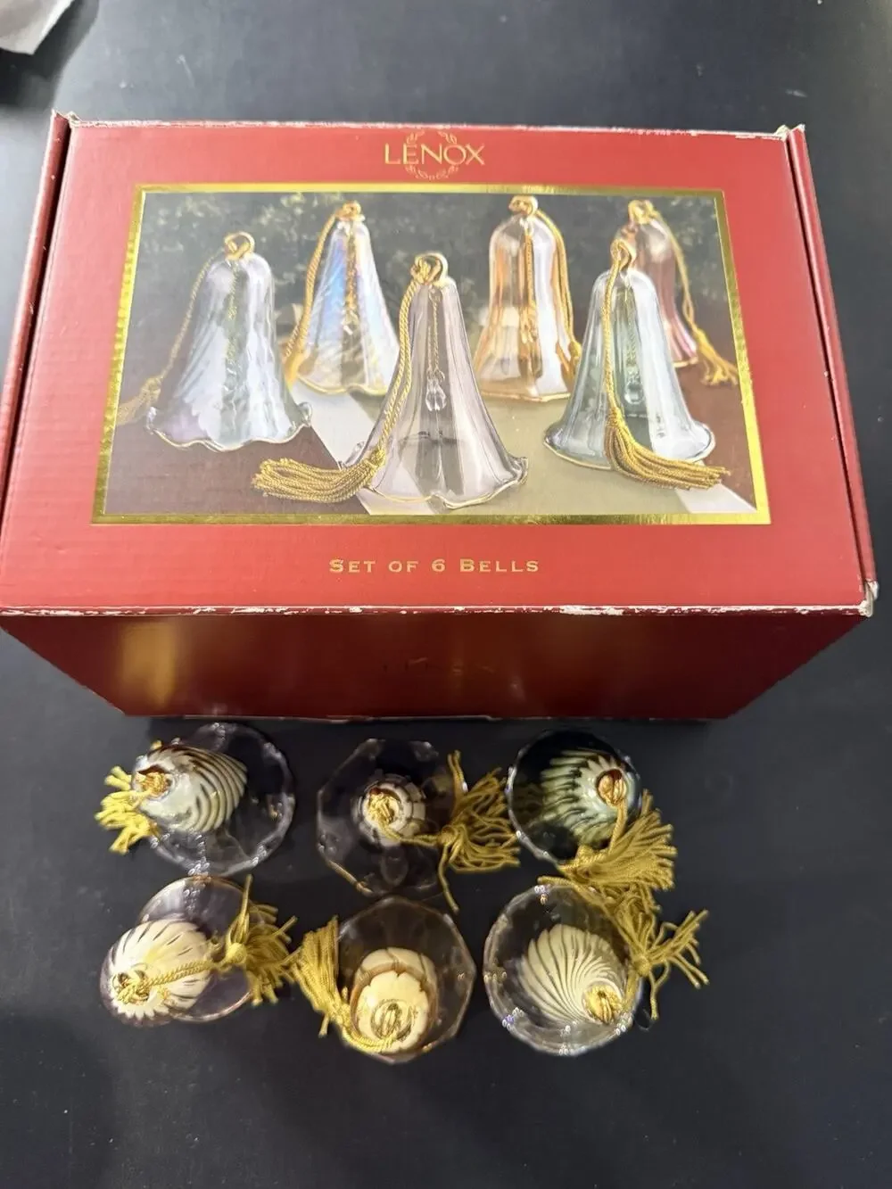 Lenox Set of 6 Crystal Bells Christmas Ornaments Tassel and Gold Rimmed MINT